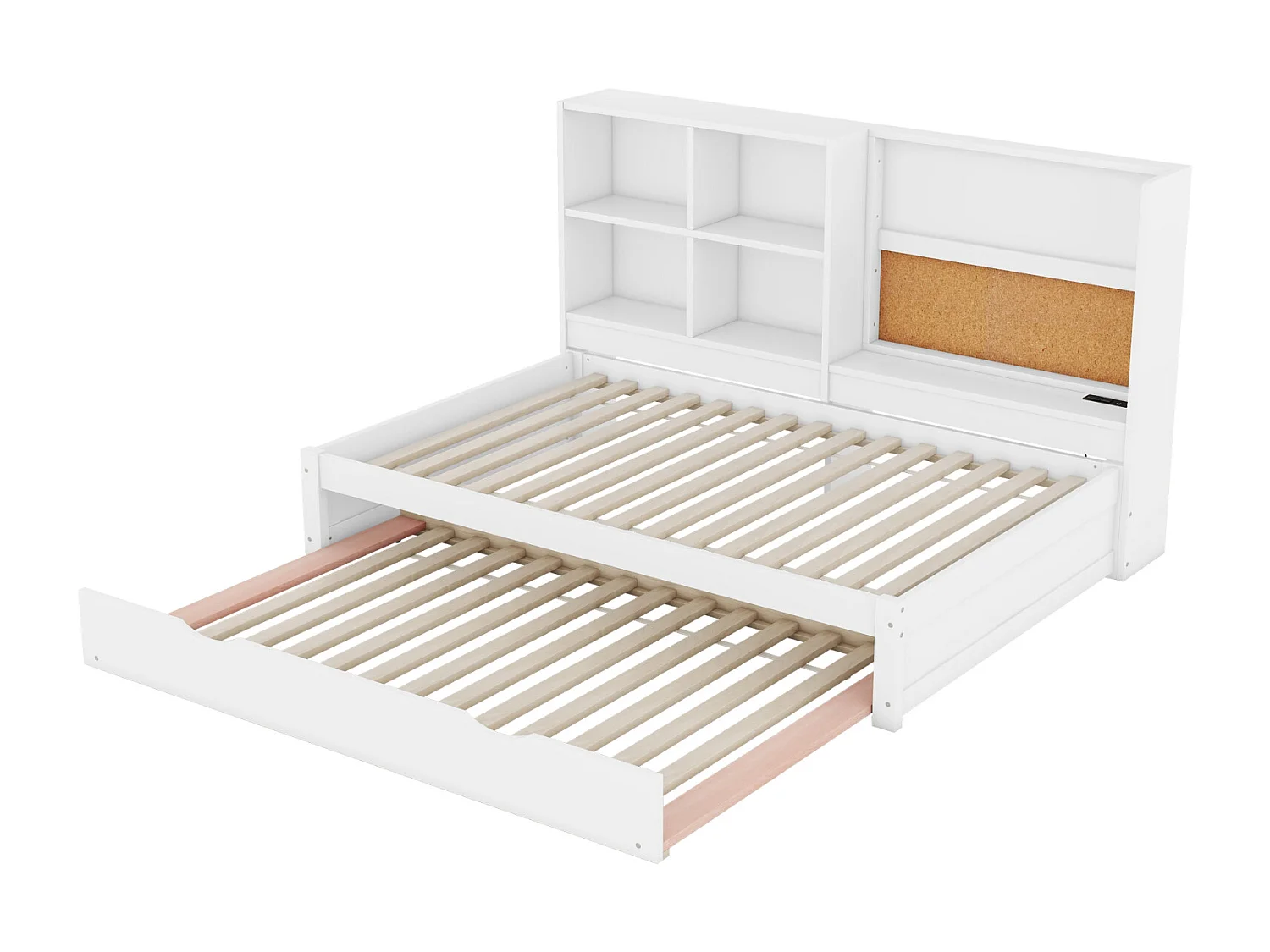 Canapé-lit 90x200 cm blanc avec lit gigogne, port USB, planche à dessin et rangements multiples – Lit pratique et multifonction