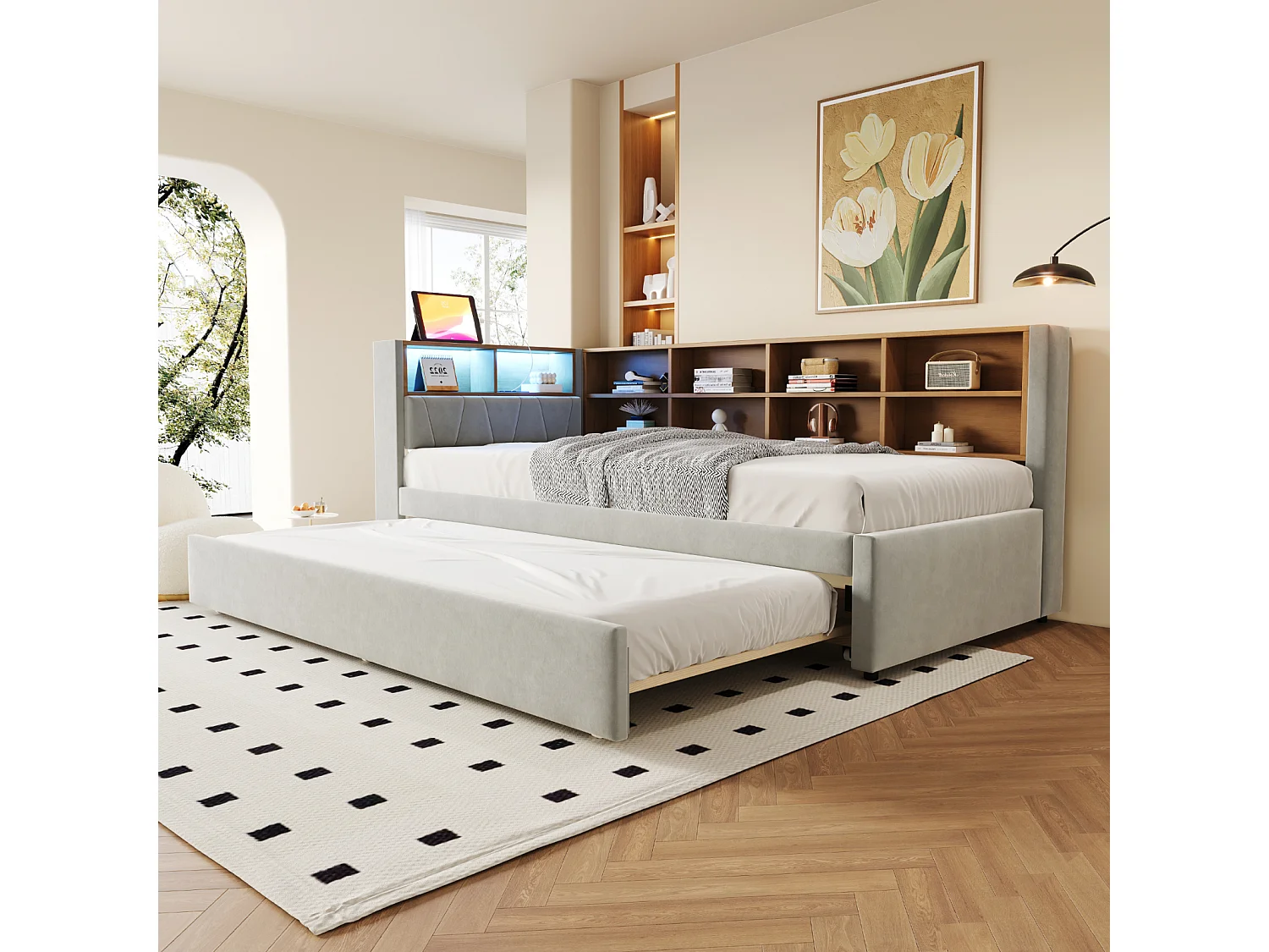 Canapé-lit 90x200 cm avec lit gigogne 90x190, LED intégrées, prises électriques et rangements, lit simple en flanelle gris clair