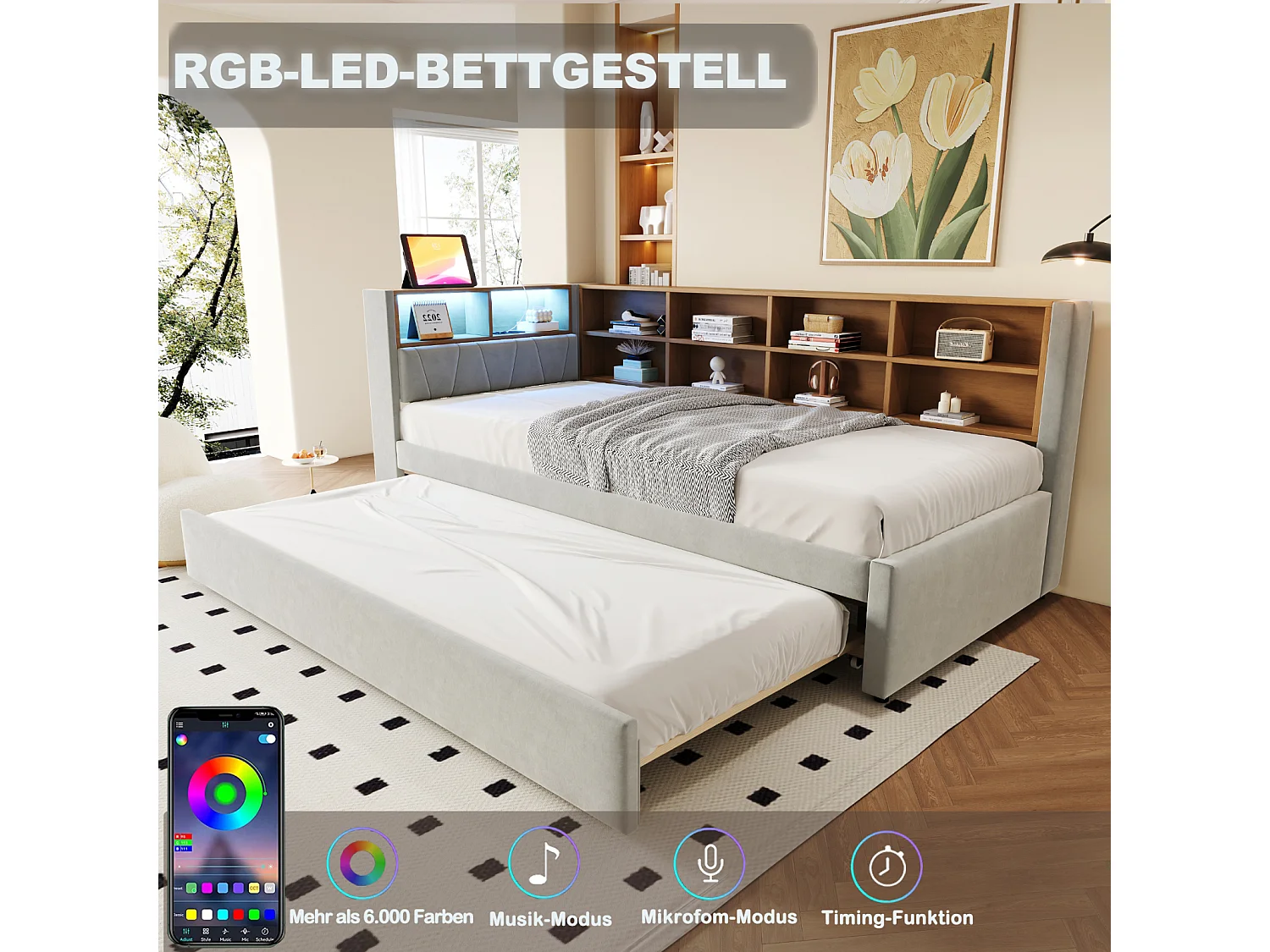 Canapé-lit 90x200 cm avec lit gigogne 90x190, LED intégrées, prises électriques et rangements, lit simple en flanelle gris clair