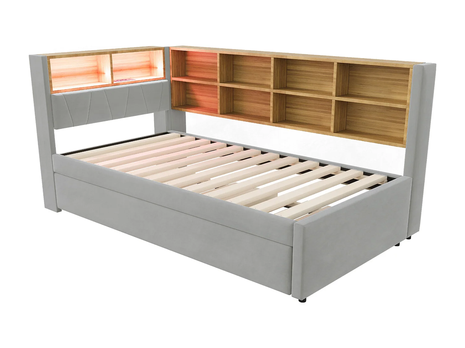 Canapé-lit 90x200 cm avec lit gigogne 90x190, LED intégrées, prises électriques et rangements, lit simple en flanelle gris clair