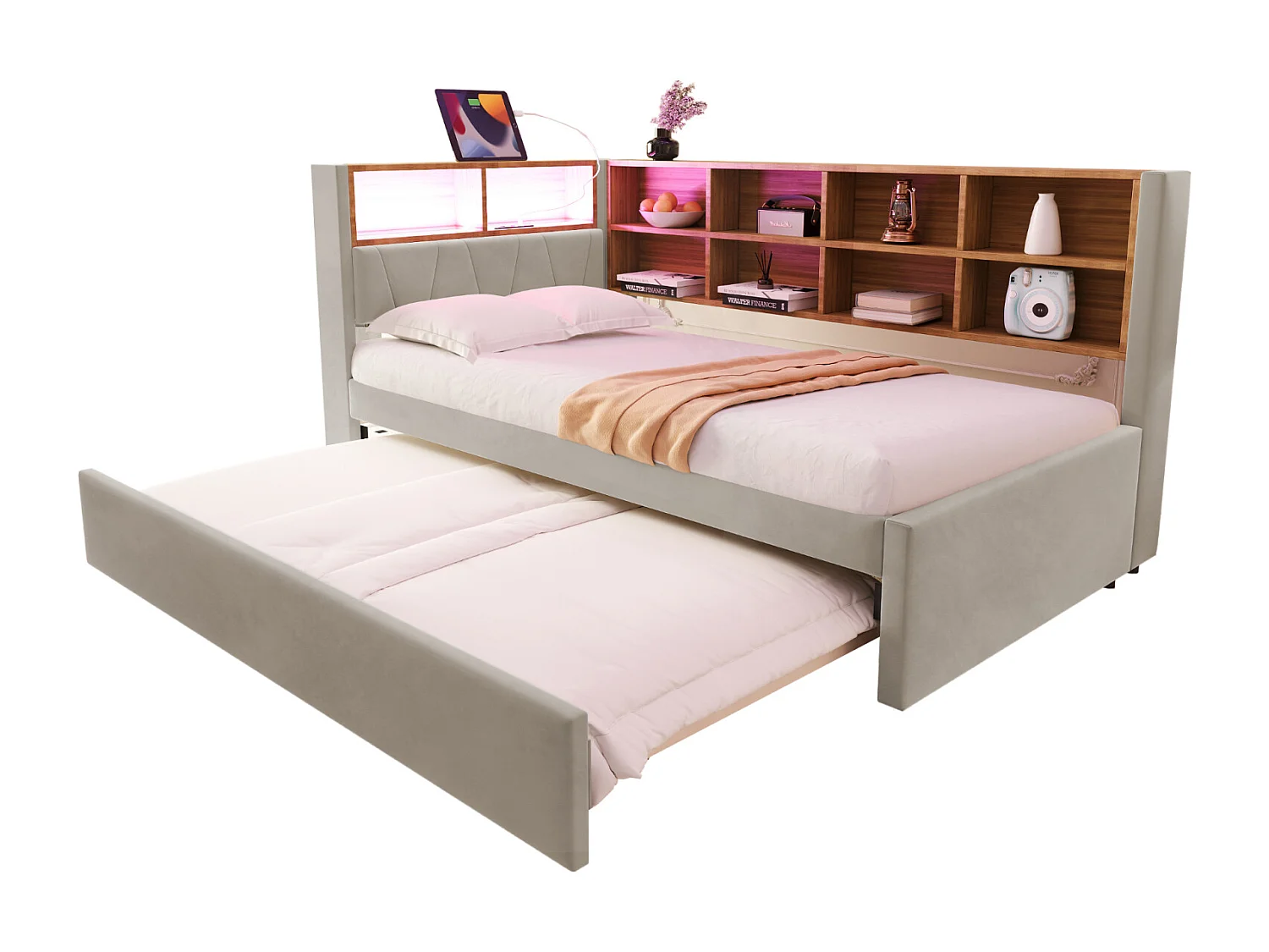 Canapé-lit 90x200 cm avec lit gigogne 90x190, LED intégrées, prises électriques et rangements, lit simple en flanelle gris clair