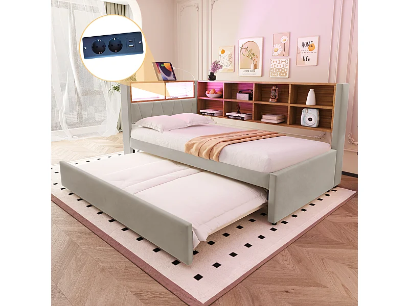 Sofá cama de 90x200 cm con cama extraíble de 90x190 cm, luces LED integradas, enchufes y espacio de almacenamiento, cama individual en franela gris claro.