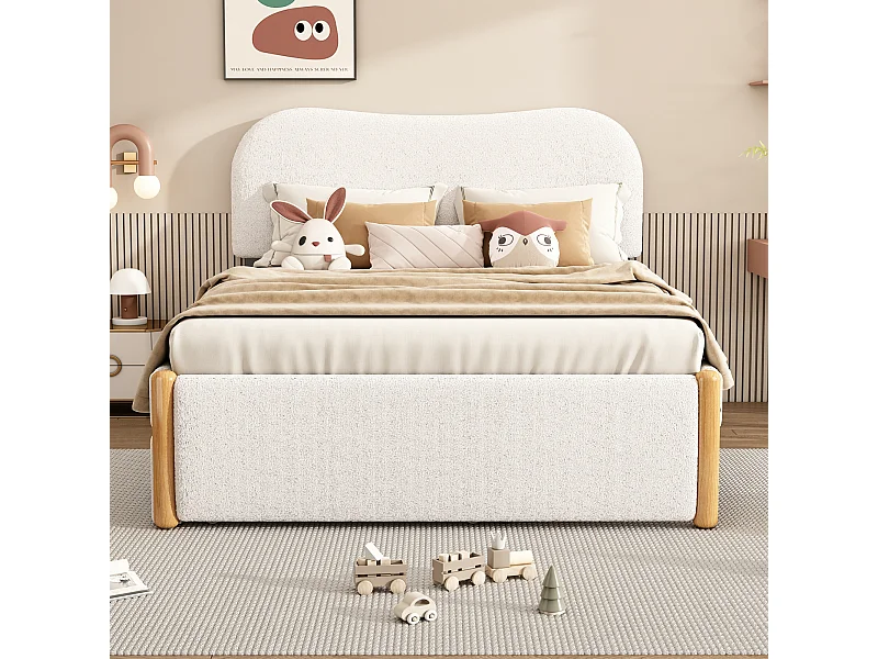 Wit gestoffeerd tweepersoonsbed (140x200 cm) met een praktisch uitschuifbed – Minimalistisch design, ruimtebesparend en optimaal comfort