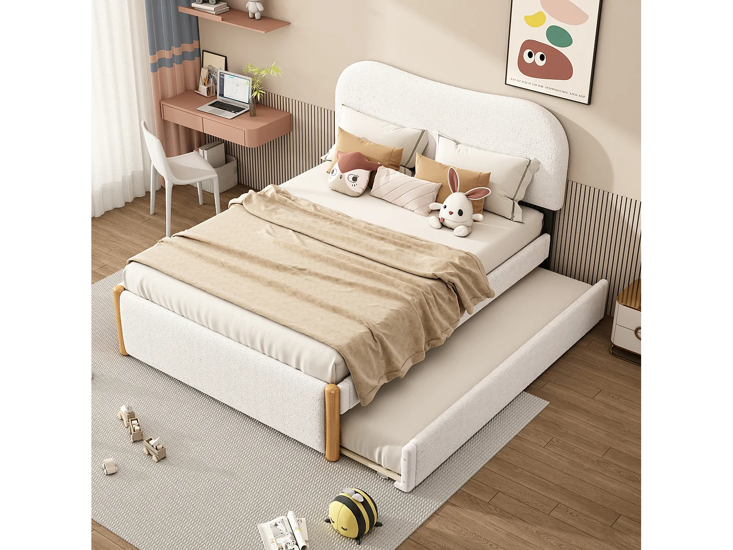 Wit gestoffeerd tweepersoonsbed (140x200 cm) met een praktisch uitschuifbed – Minimalistisch design, ruimtebesparend en optimaal comfort