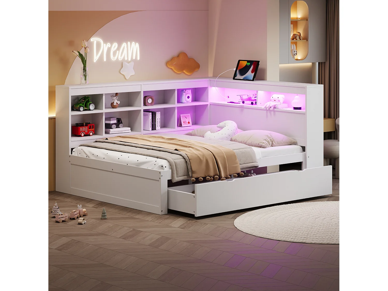Witte slaapbank van massief hout 140x200 cm met lades, USB-aansluiting, ledstrip, geïntegreerde planken en meerdere opbergvakken, multifunctioneel bed