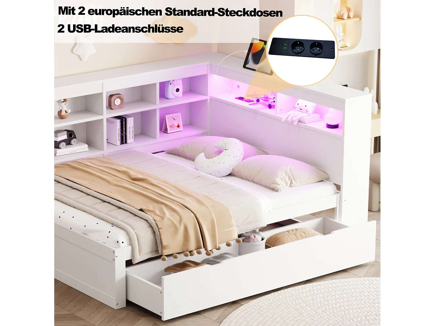 Witte slaapbank van massief hout 140x200 cm met lades, USB-aansluiting, ledstrip, geïntegreerde planken en meerdere opbergvakken, multifunctioneel bed