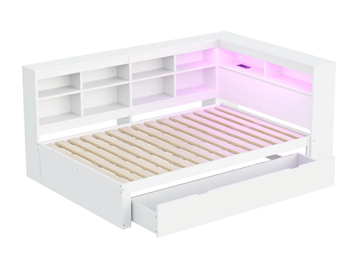 Witte slaapbank van massief hout 140x200 cm met lades, USB-aansluiting, ledstrip, geïntegreerde planken en meerdere opbergvakken, multifunctioneel bed