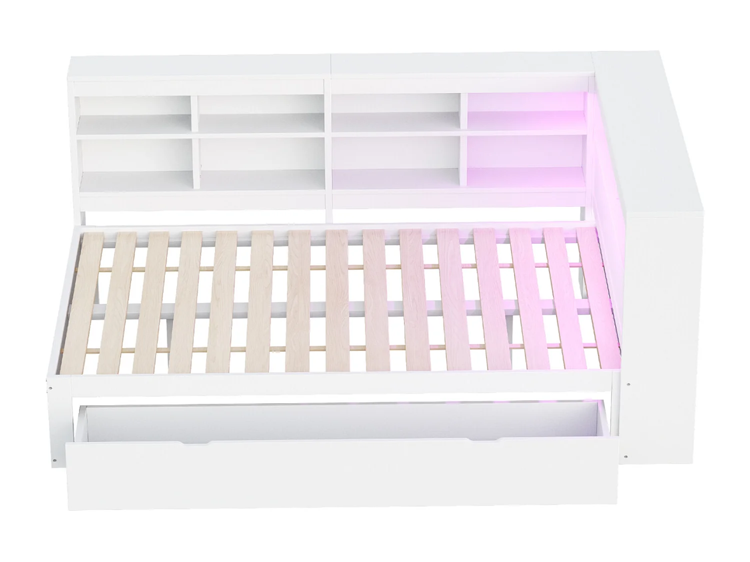 Witte slaapbank van massief hout 140x200 cm met lades, USB-aansluiting, ledstrip, geïntegreerde planken en meerdere opbergvakken, multifunctioneel bed