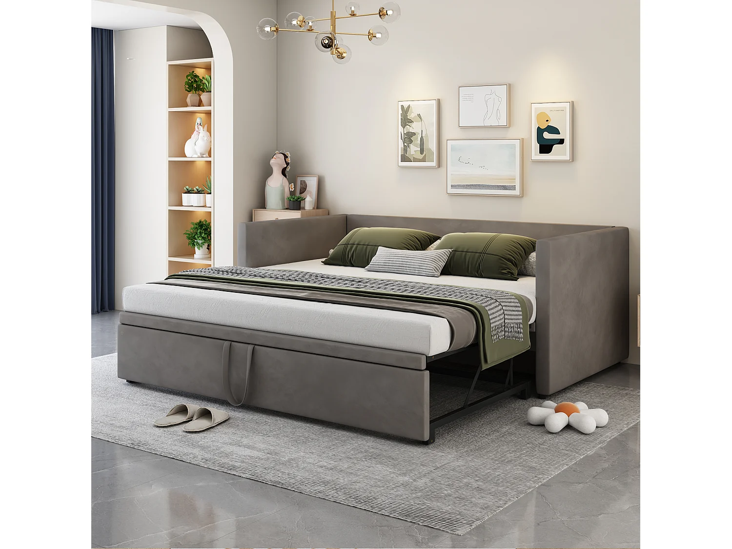 Sofá cama extensible de 90/180x200 cm en terciopelo gris, multifuncional con somier de láminas – Cama práctica y cómoda para adultos o niños
