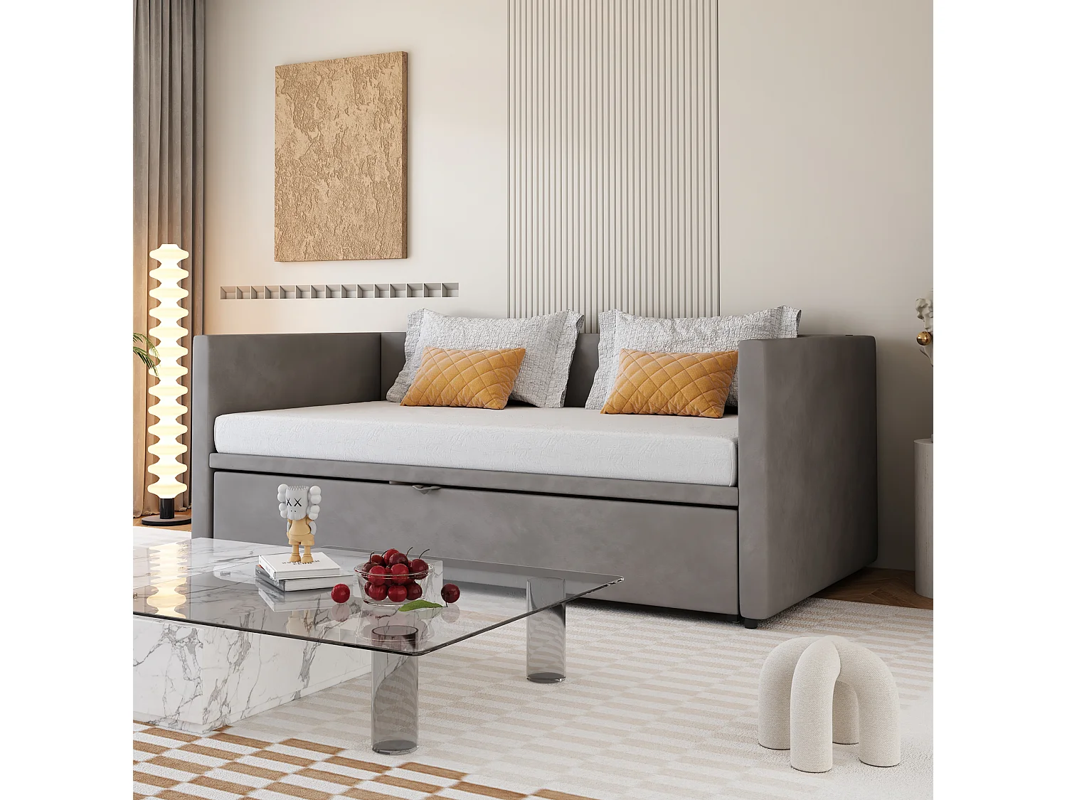 Sofá cama extensible de 90/180x200 cm en terciopelo gris, multifuncional con somier de láminas – Cama práctica y cómoda para adultos o niños