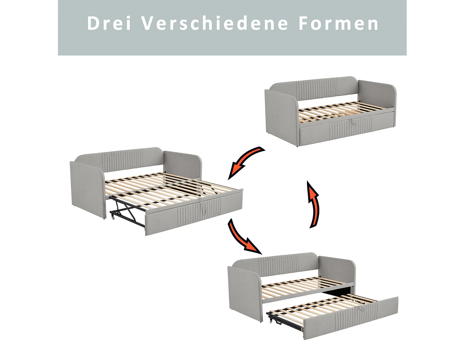 Canapé-lit extensible 90/180x190 cm en tissu lin gris clair avec rayures verticales, sommier à lattes – lit multifonction, confortable