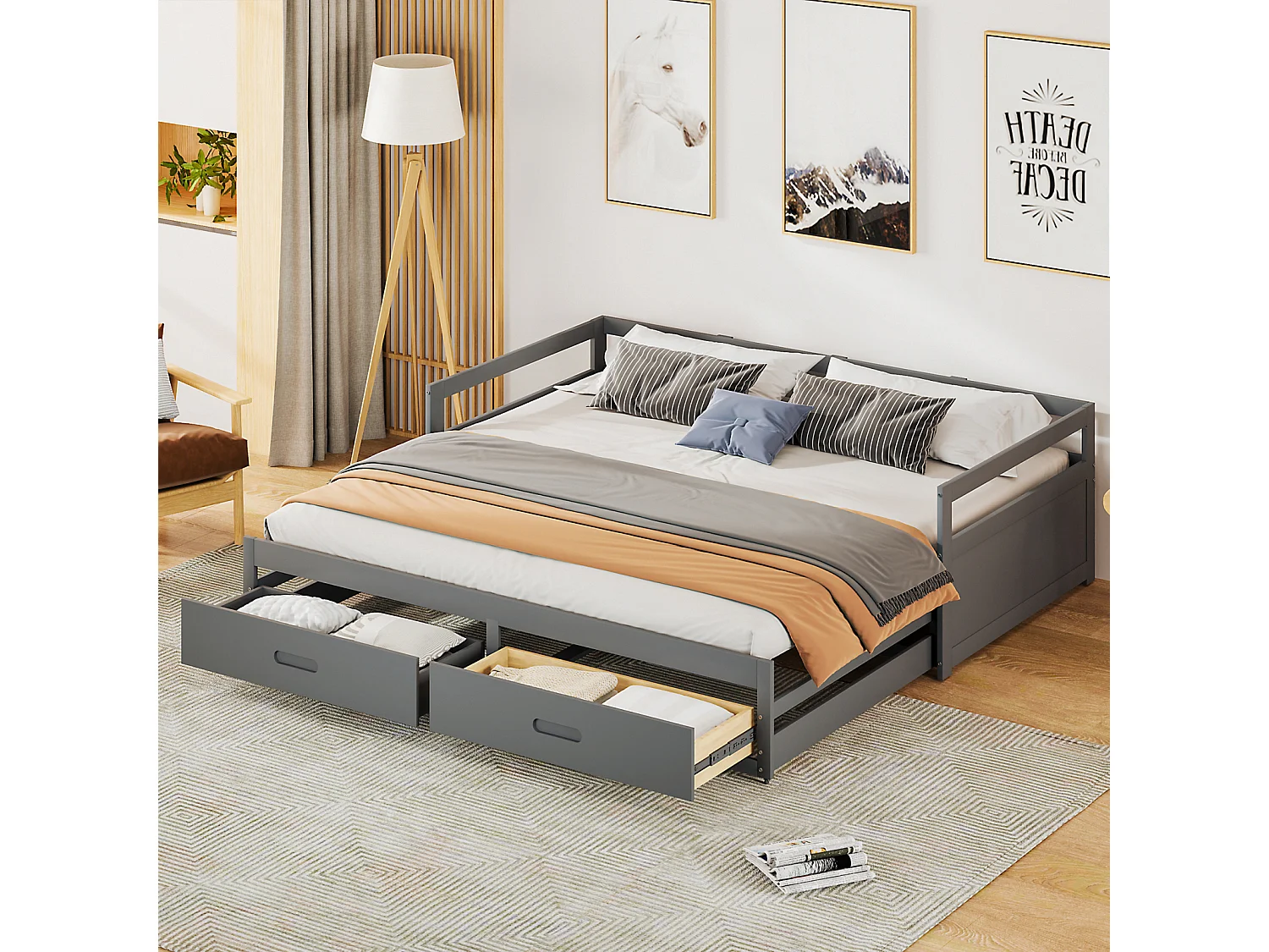 Divano letto estensibile 90/180x200cm grigio con cassetti e rete a doghe, letto estraibile – Pratico, salvaspazio e multifunzionale