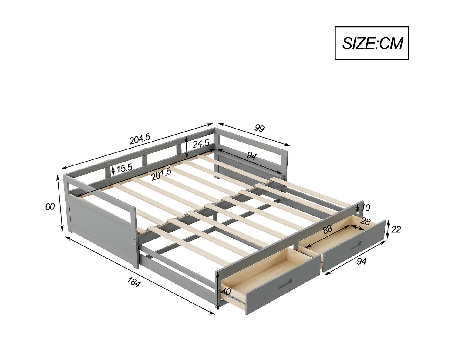 Divano letto estensibile 90/180x200cm grigio con cassetti e rete a doghe, letto estraibile – Pratico, salvaspazio e multifunzionale