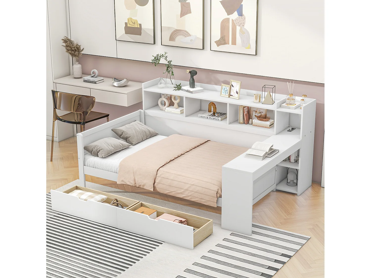 Canapé-lit 90x200 cm blanc, lit jour avec bureau et étagères, 2 tiroirs, prises USB et électrique, sans matelas, multifonction