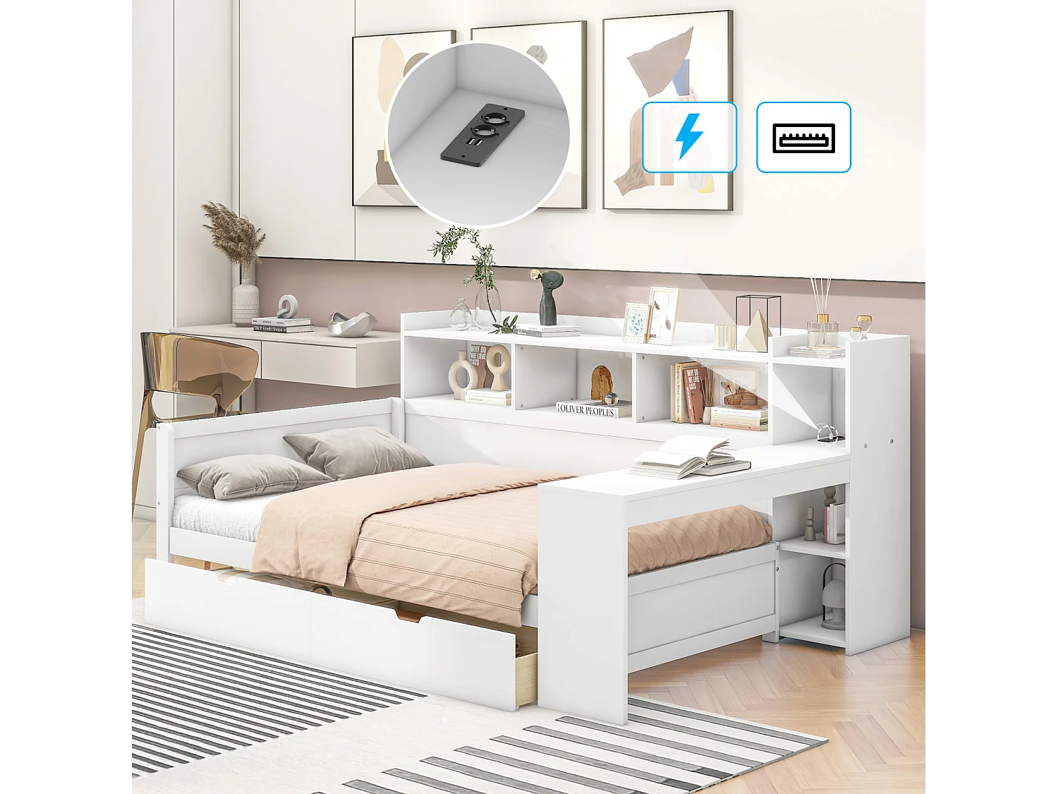 Canapé-lit 90x200 cm blanc, lit jour avec bureau et étagères, 2 tiroirs, prises USB et électrique, sans matelas, multifonction