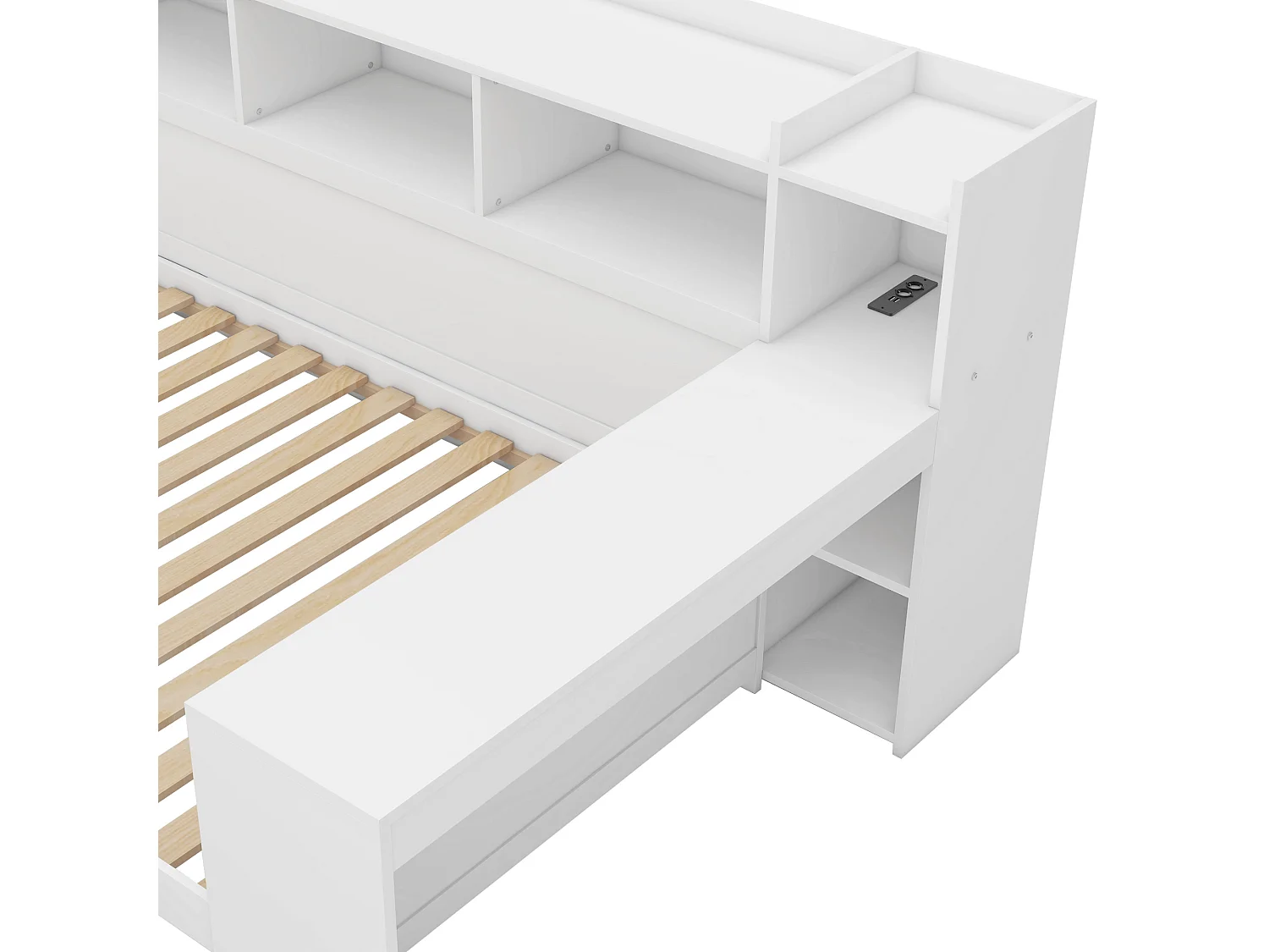 Canapé-lit 90x200 cm blanc, lit jour avec bureau et étagères, 2 tiroirs, prises USB et électrique, sans matelas, multifonction