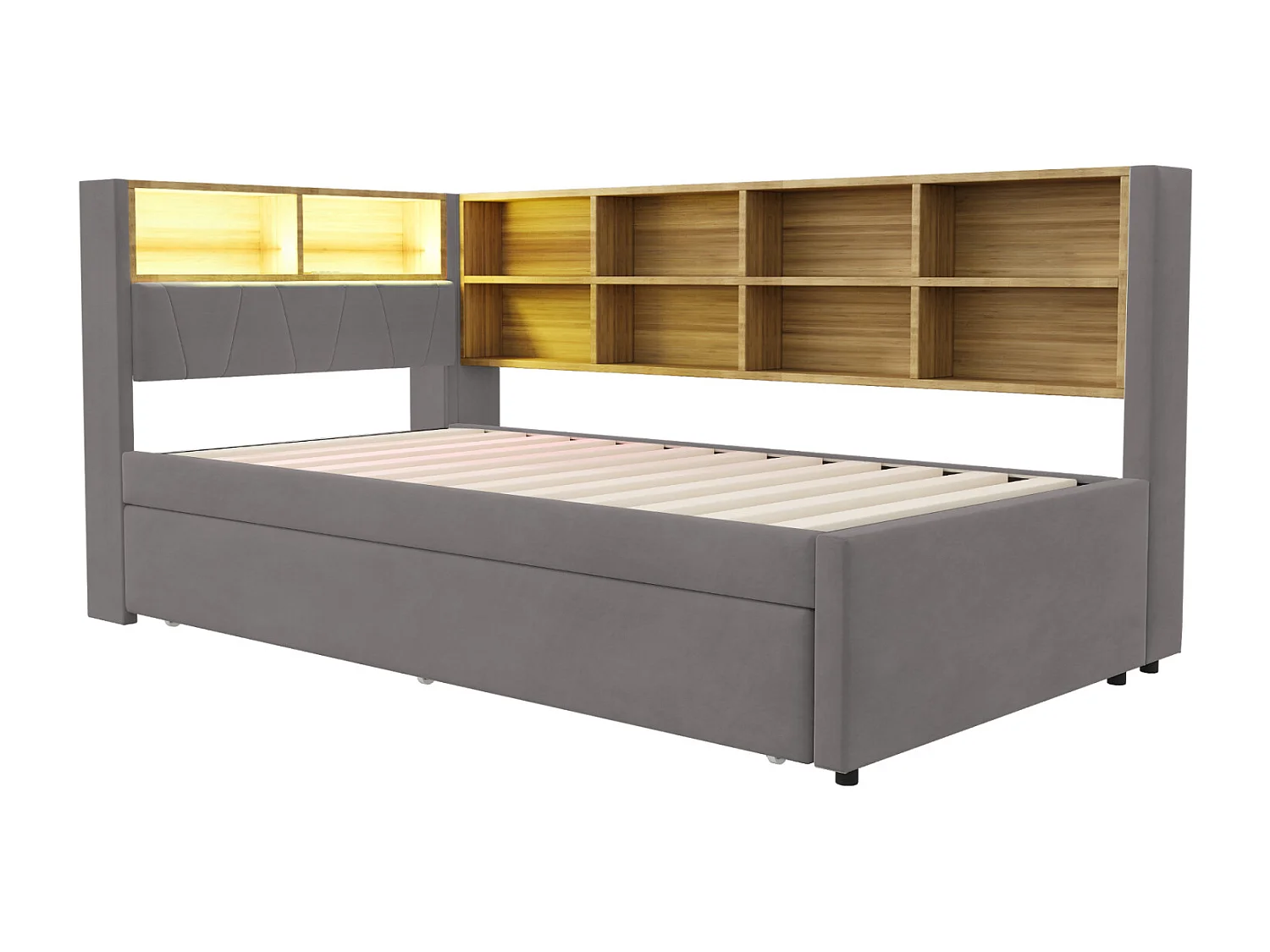 Canapé-lit 90x200 cm avec lit gigogne 90x190 cm, LED, prises, rangements – lit simple multifonction en flanelle gris foncé