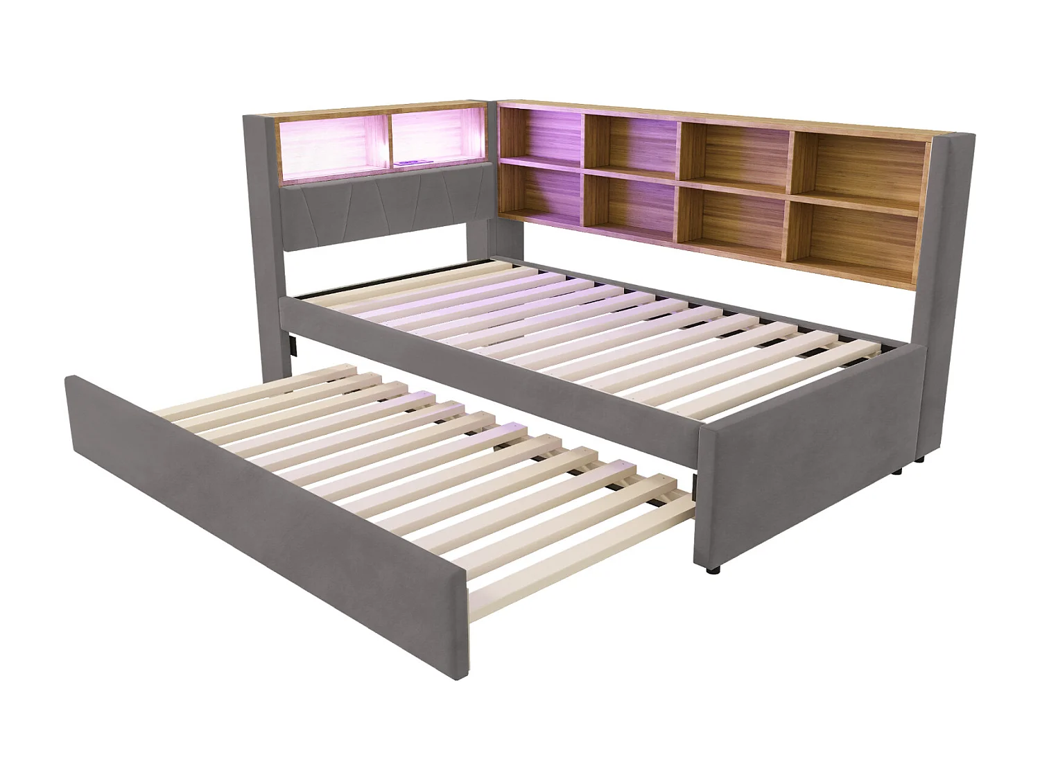 Canapé-lit 90x200 cm avec lit gigogne 90x190 cm, LED, prises, rangements – lit simple multifonction en flanelle gris foncé