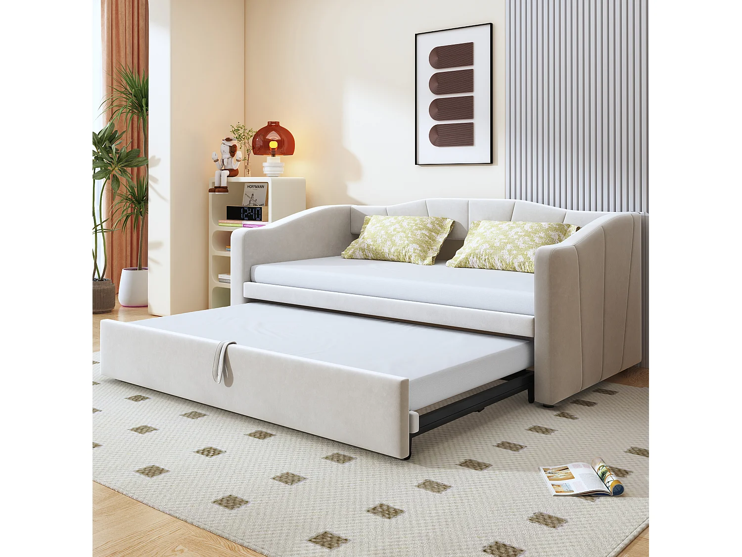 Sofá cama de 90/180x200 cm en terciopelo beige con somier de láminas: cama multifuncional cómoda y respetuosa con la piel.