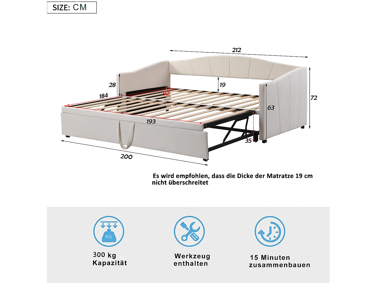 Sofá cama de 90/180x200 cm en terciopelo beige con somier de láminas: cama multifuncional cómoda y respetuosa con la piel.