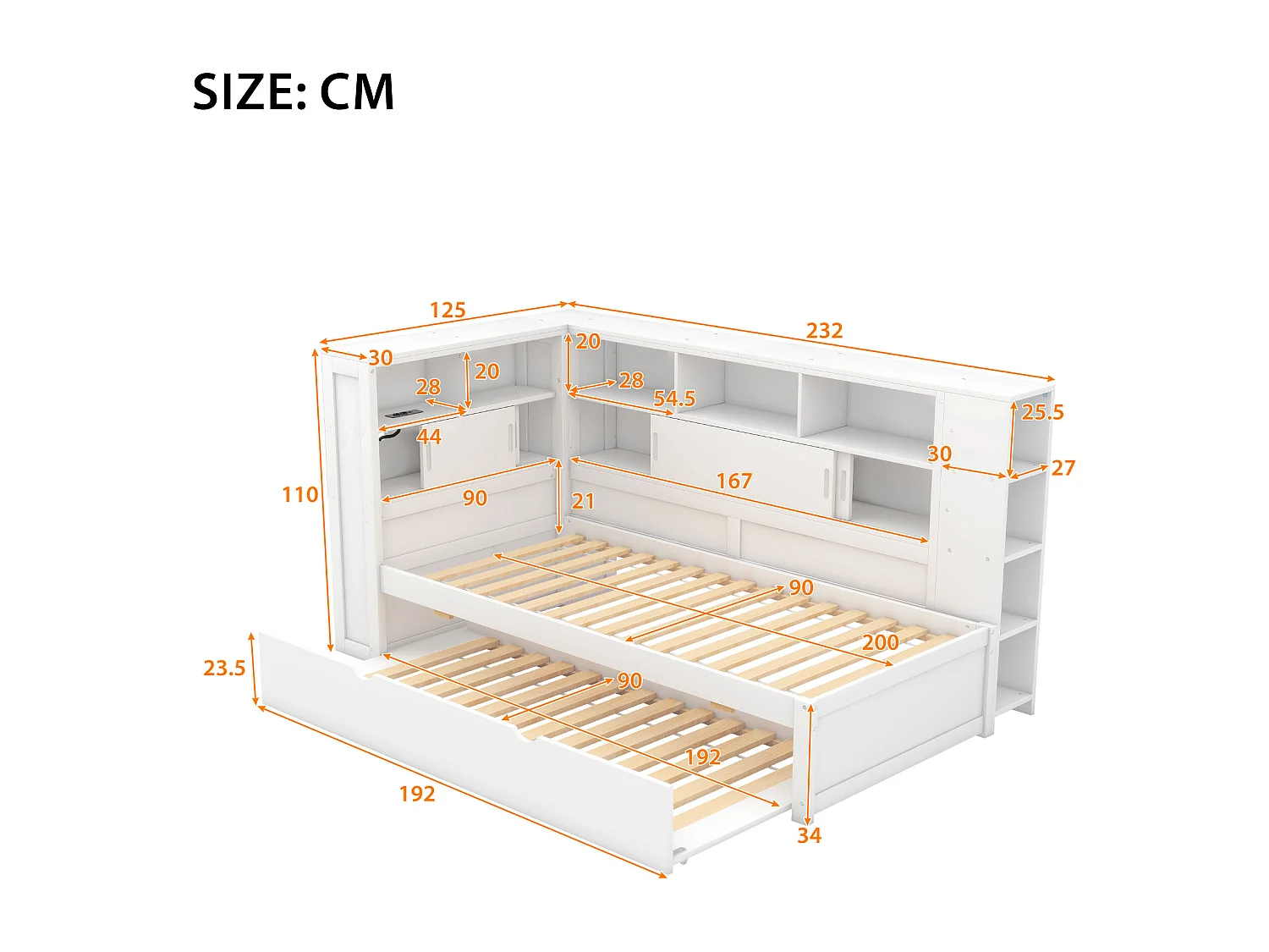 Lit banquette 90x200 cm blanc avec lit gigogne, tiroirs de rangement et port USB – Lit enfant / canapé-lit, sans matelas