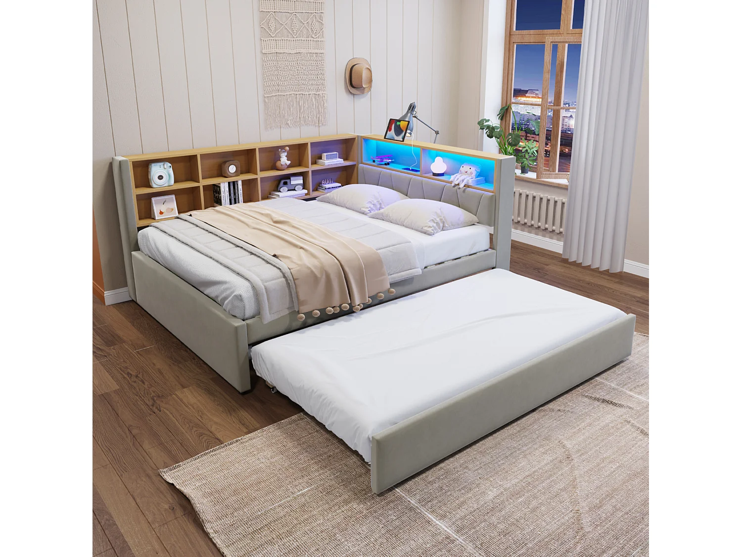 Divano letto 140x200 cm con letto estraibile 90x190 cm, LED, prese USB e contenitore – Letto singolo multifunzionale in flanella grigio chiaro