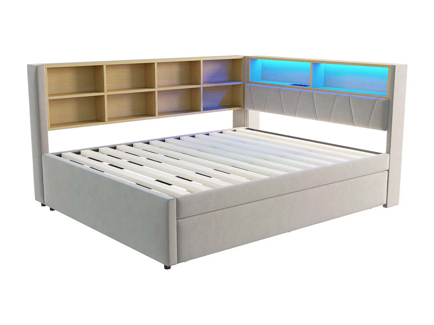 Divano letto 140x200 cm con letto estraibile 90x190 cm, LED, prese USB e contenitore – Letto singolo multifunzionale in flanella grigio chiaro