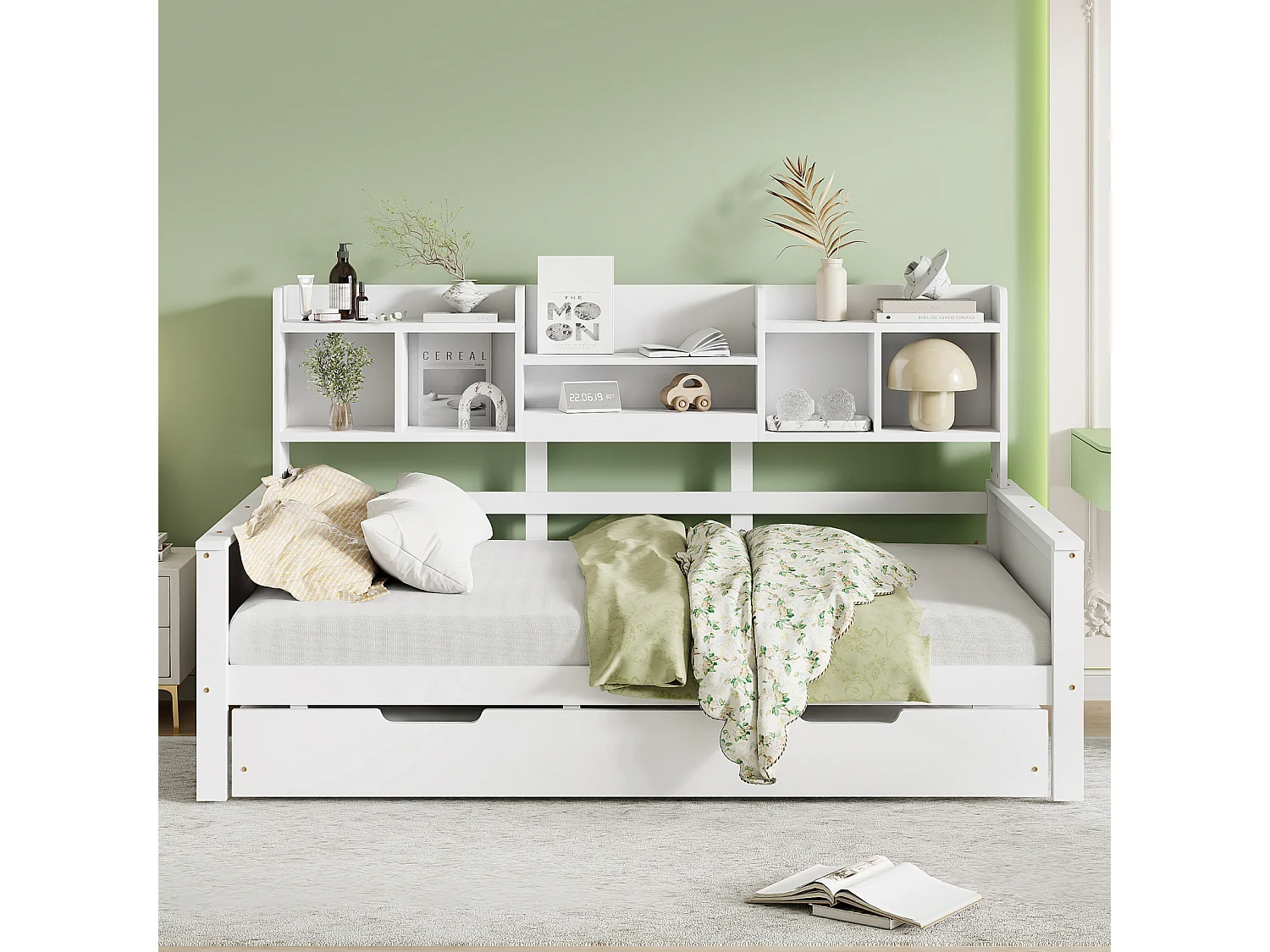 Divano letto in pino massello bianco 90x200 cm con letto estraibile 90x190 cm, contenitore integrato e rete a doghe – Letto multifunzionale semplice e pratico