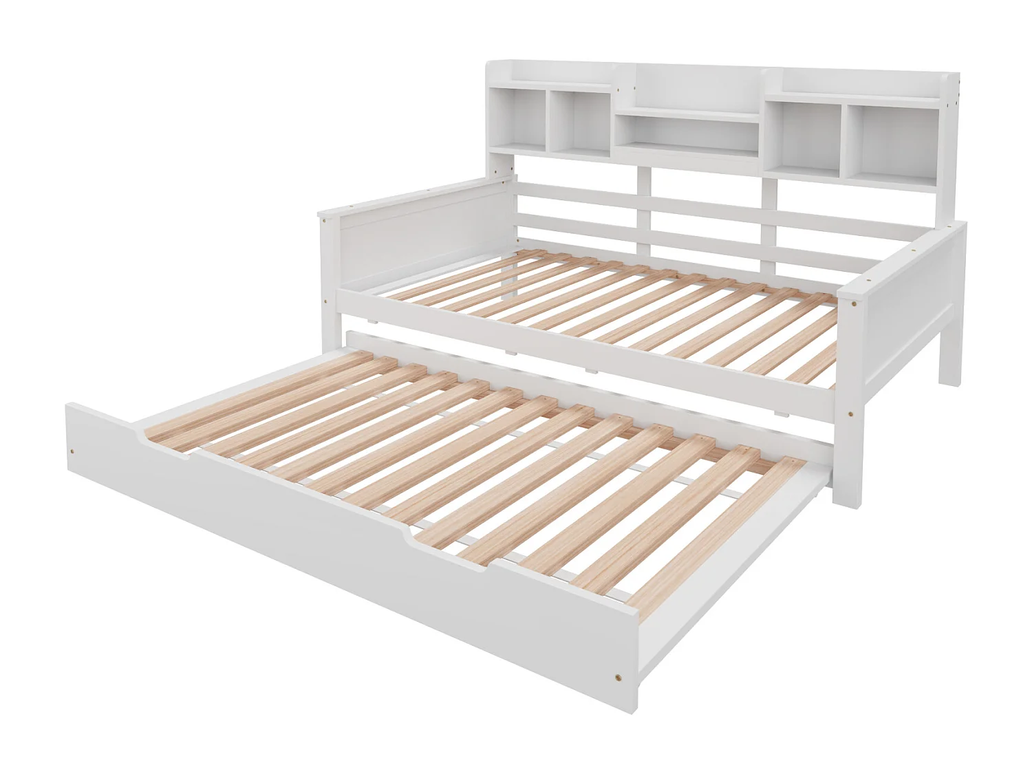 Divano letto in pino massello bianco 90x200 cm con letto estraibile 90x190 cm, contenitore integrato e rete a doghe – Letto multifunzionale semplice e pratico