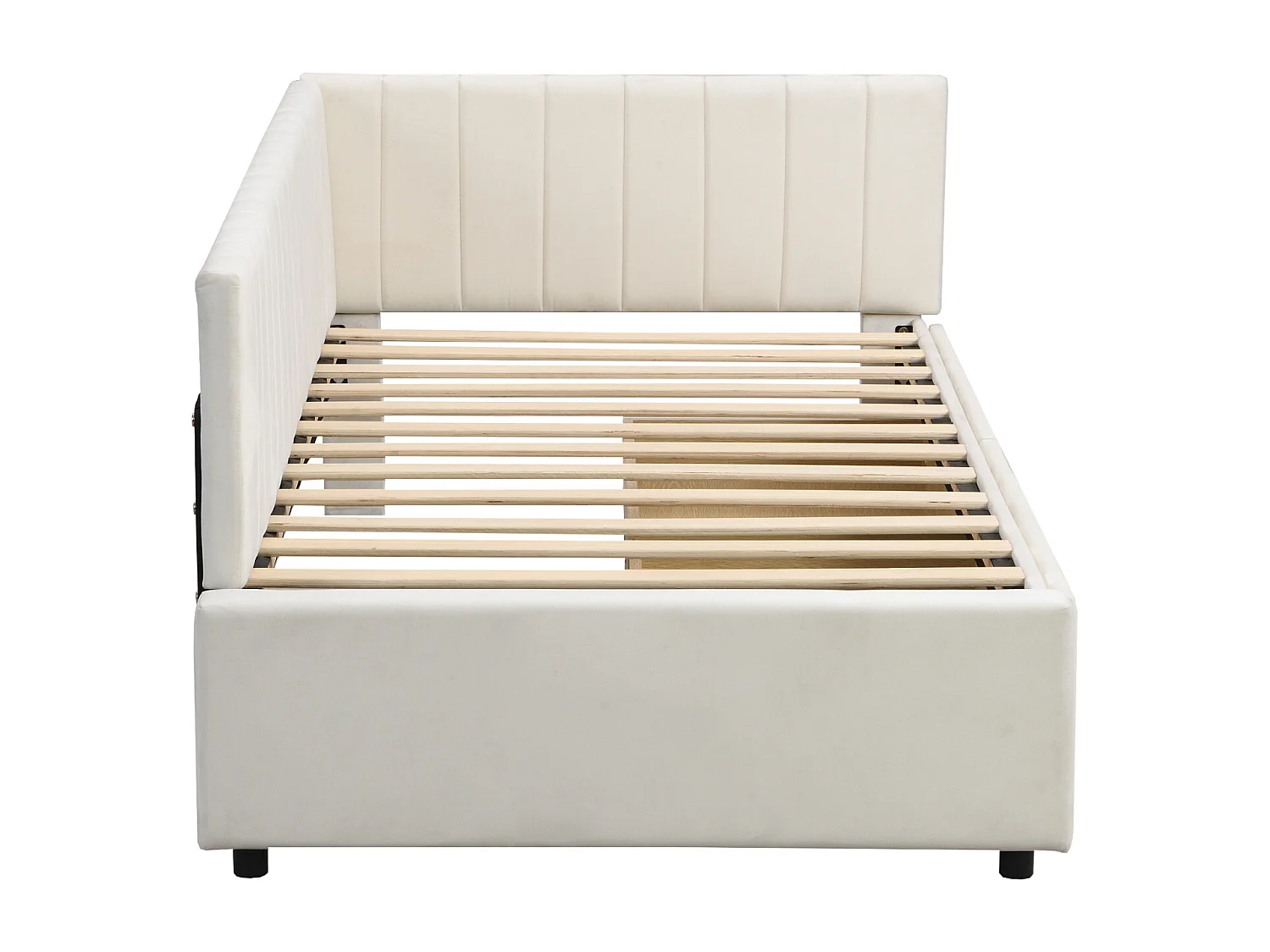 Sofá cama de terciopelo beige de 90x200 cm con 2 cajones de almacenaje y somier de láminas – cama multifuncional y cómoda