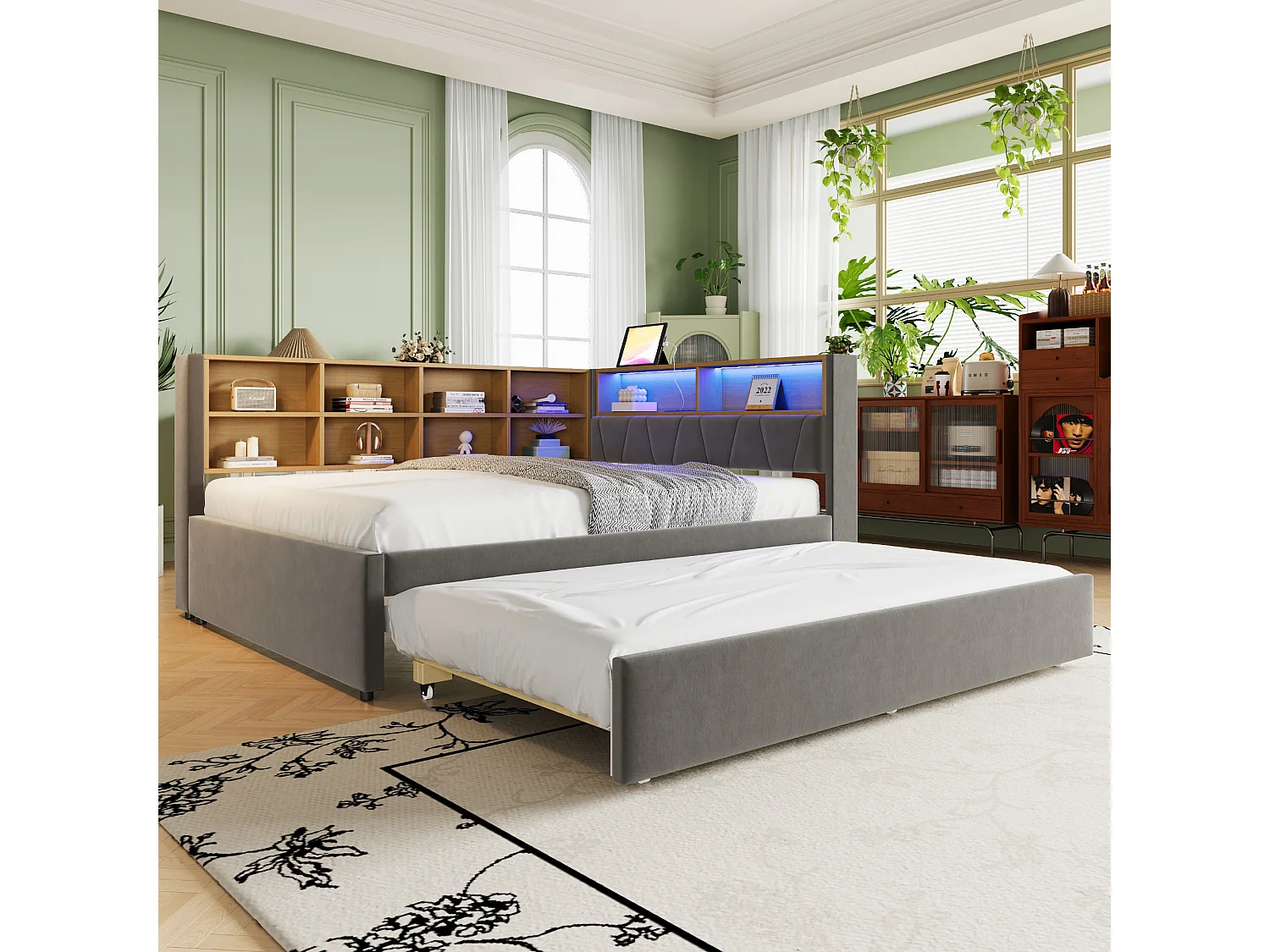 Divano letto 140x200 cm con letto estraibile 90x190 cm, LED e contenitore, Letto singolo multifunzionale in flanella grigio scuro, pratico e moderno