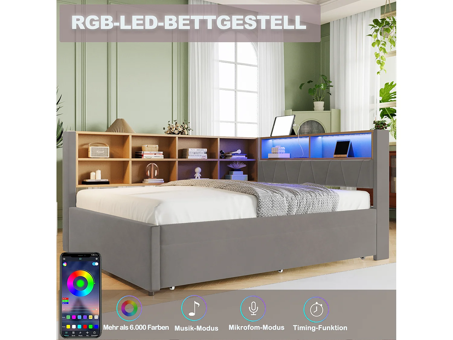 Divano letto 140x200 cm con letto estraibile 90x190 cm, LED e contenitore, Letto singolo multifunzionale in flanella grigio scuro, pratico e moderno