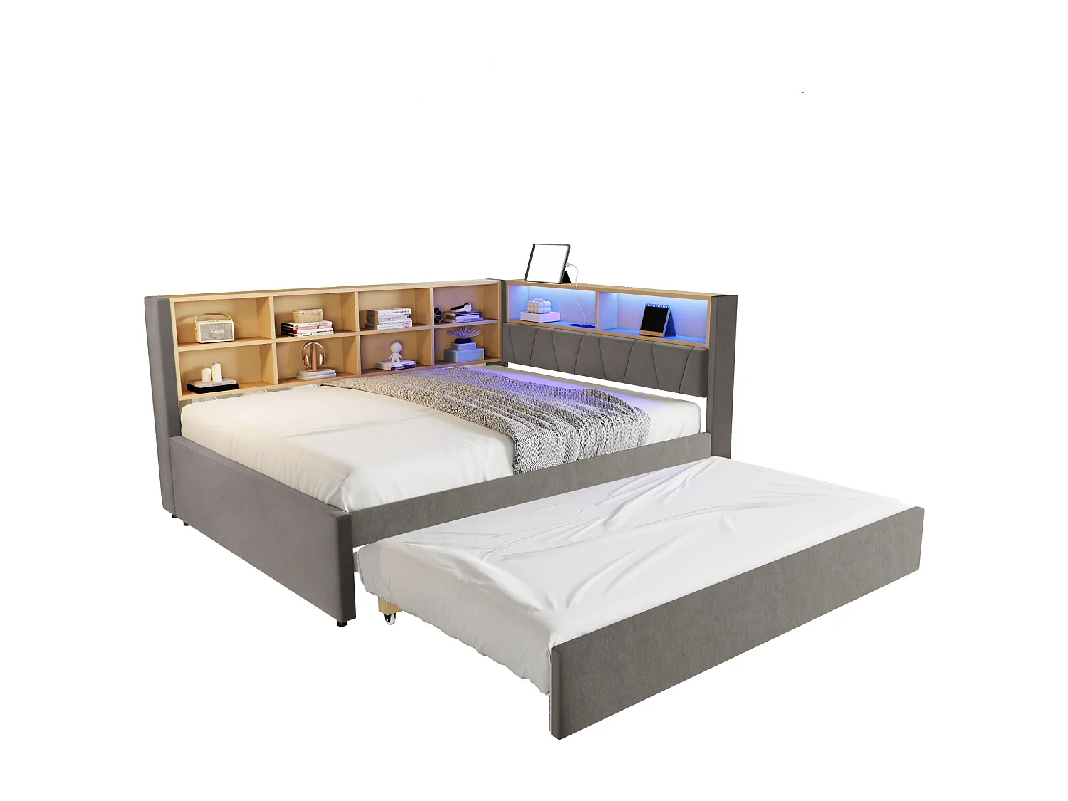 Divano letto 140x200 cm con letto estraibile 90x190 cm, LED e contenitore, Letto singolo multifunzionale in flanella grigio scuro, pratico e moderno