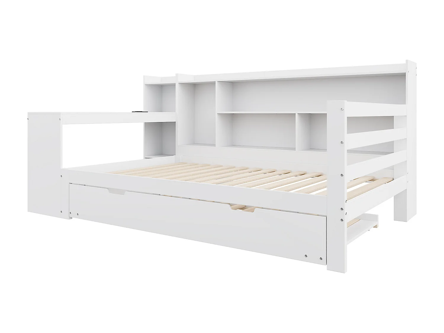 Cama multifuncional de madera maciza de 90x200 cm con escritorio, estantes, espacio de almacenamiento y toma de corriente, cama nido debajo, blanca