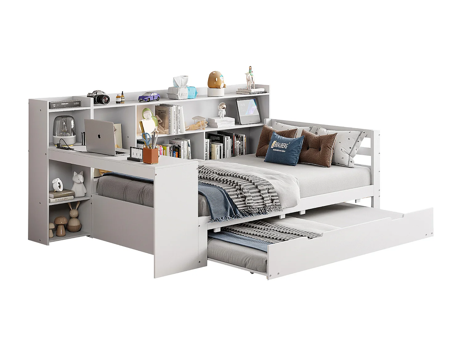 Cama multifuncional de madera maciza de 90x200 cm con escritorio, estantes, espacio de almacenamiento y toma de corriente, cama nido debajo, blanca