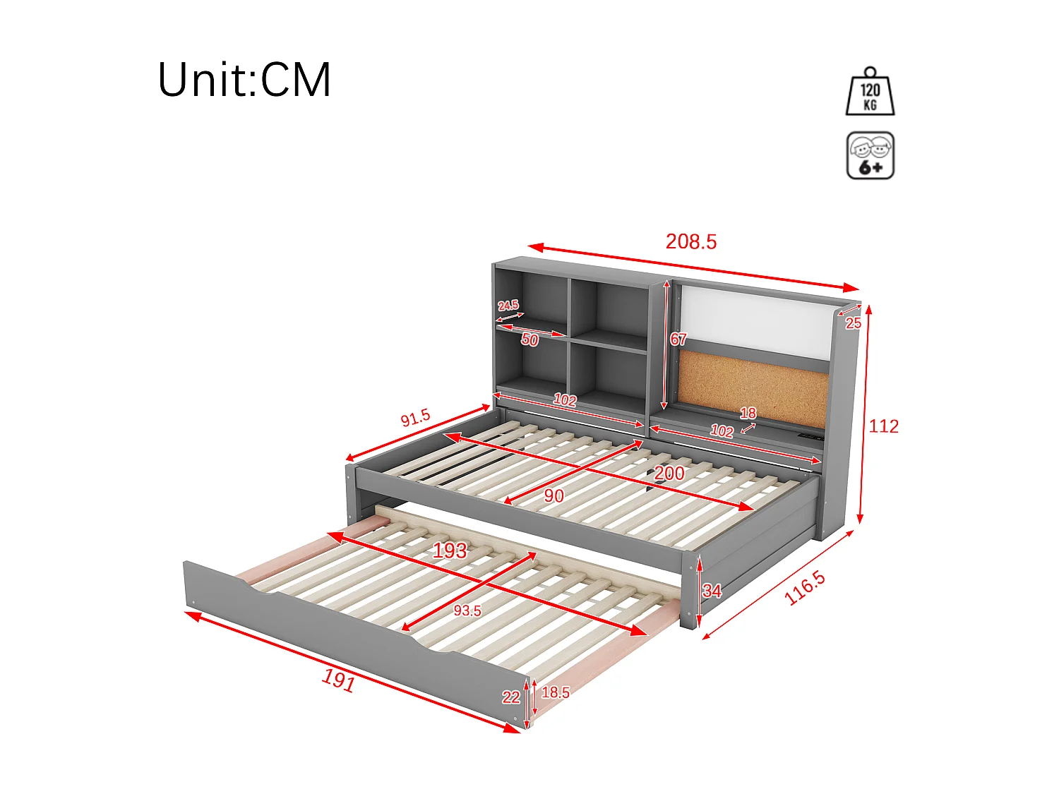 Canapé-lit 90x200 cm gris avec lit gigogne, prises USB, planche à dessin et rangements – lit multifonction pratique et moderne
