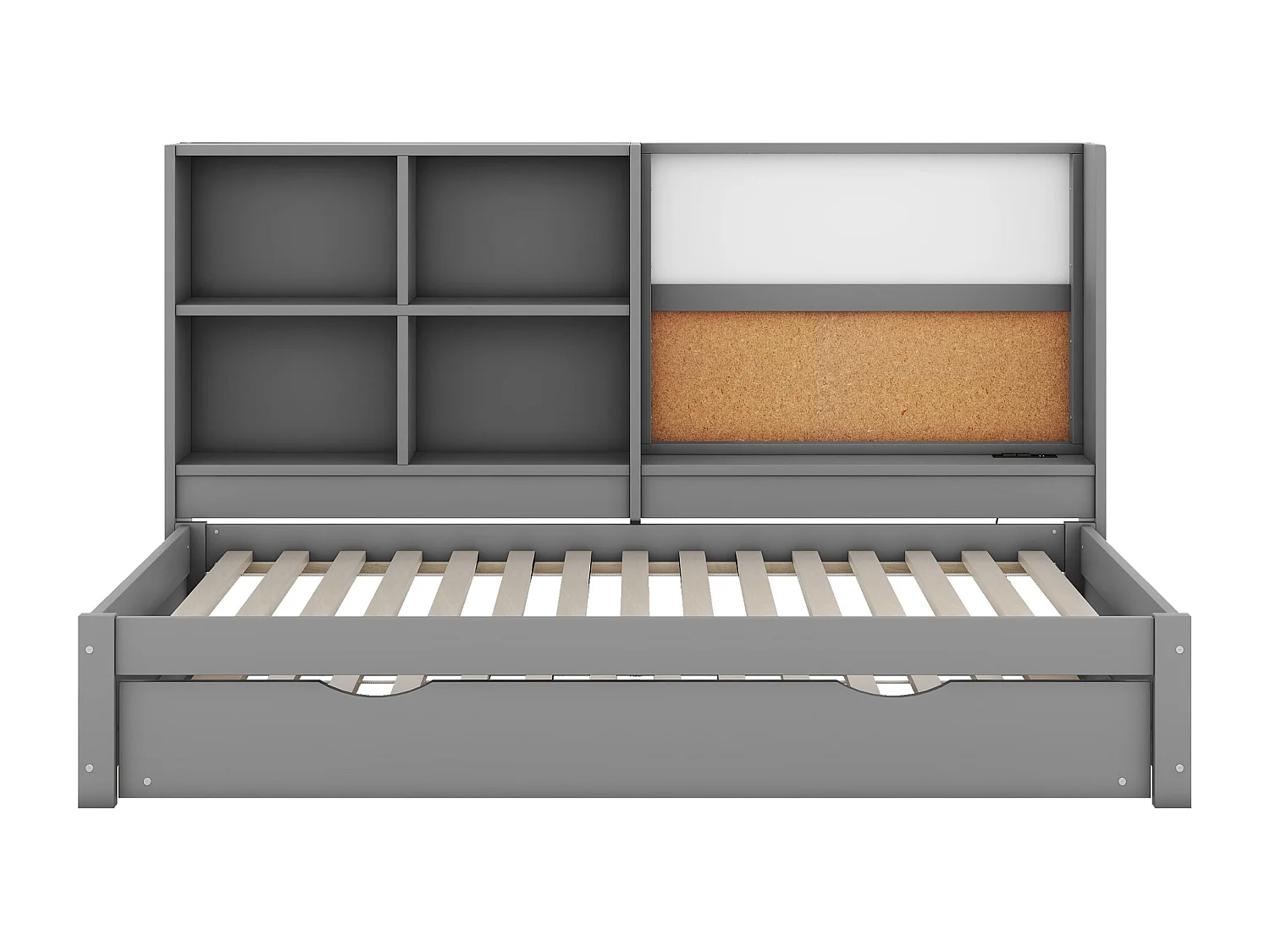 Canapé-lit 90x200 cm gris avec lit gigogne, prises USB, planche à dessin et rangements – lit multifonction pratique et moderne