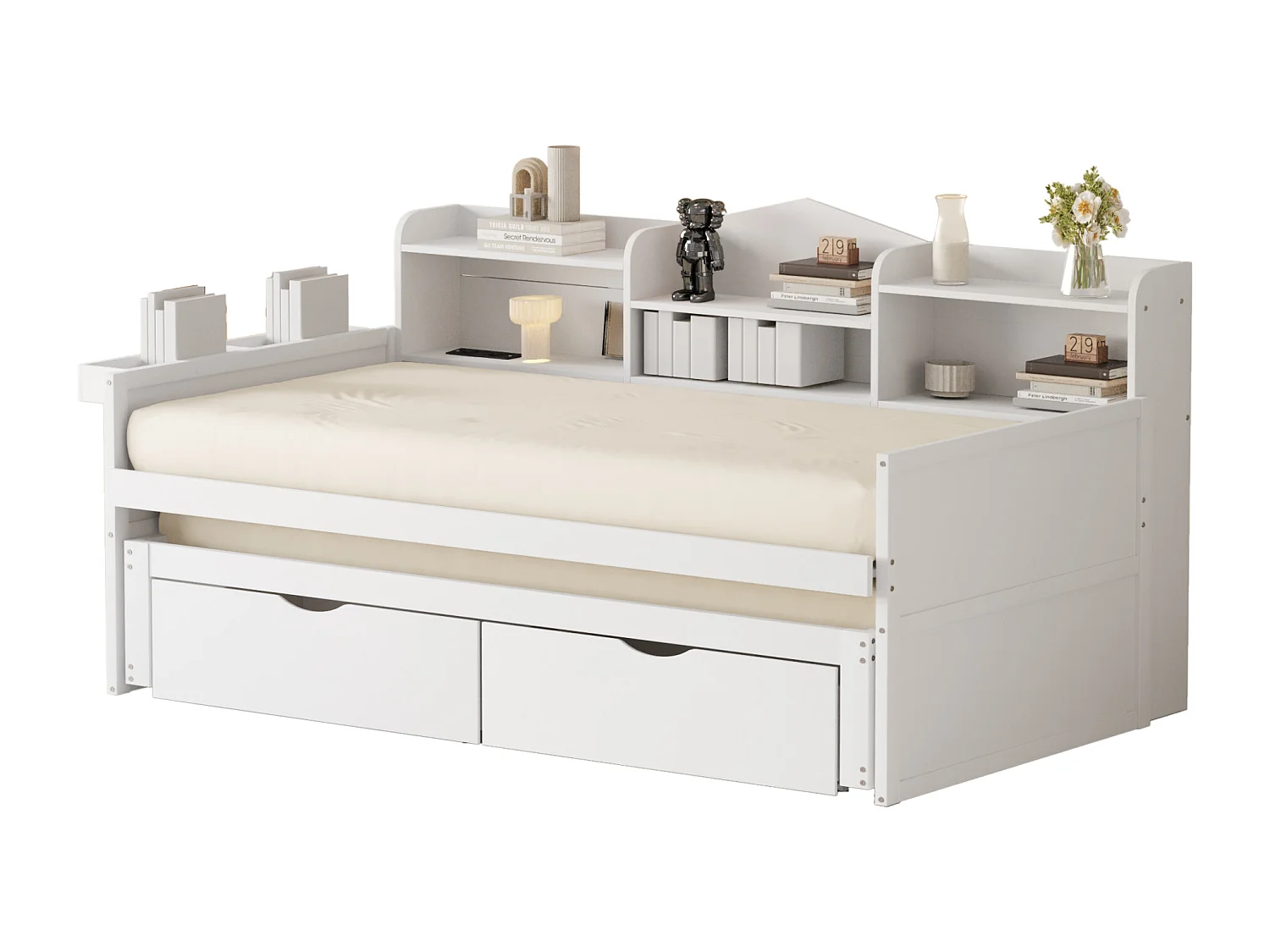 Sofá cama de 90x200 cm con cama extraíble de 90x190 cm, 2 cajones, amplio espacio de almacenamiento, cesta y puerto USB.