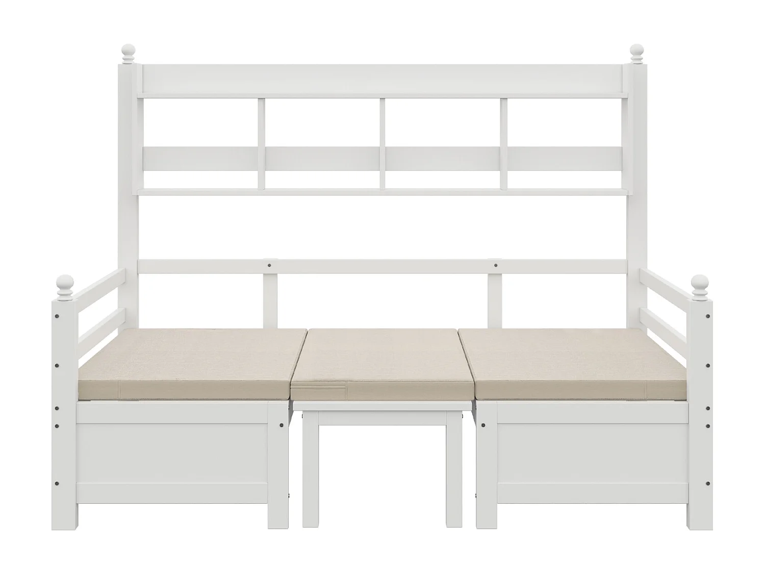 Sofá cama 2 en 1 de madera maciza blanca (200x90 cm) con escritorio modular, estante de almacenaje y cómodos cojines.