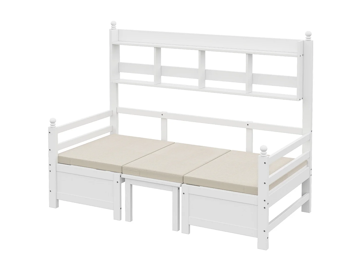 Sofá cama 2 en 1 de madera maciza blanca (200x90 cm) con escritorio modular, estante de almacenaje y cómodos cojines.