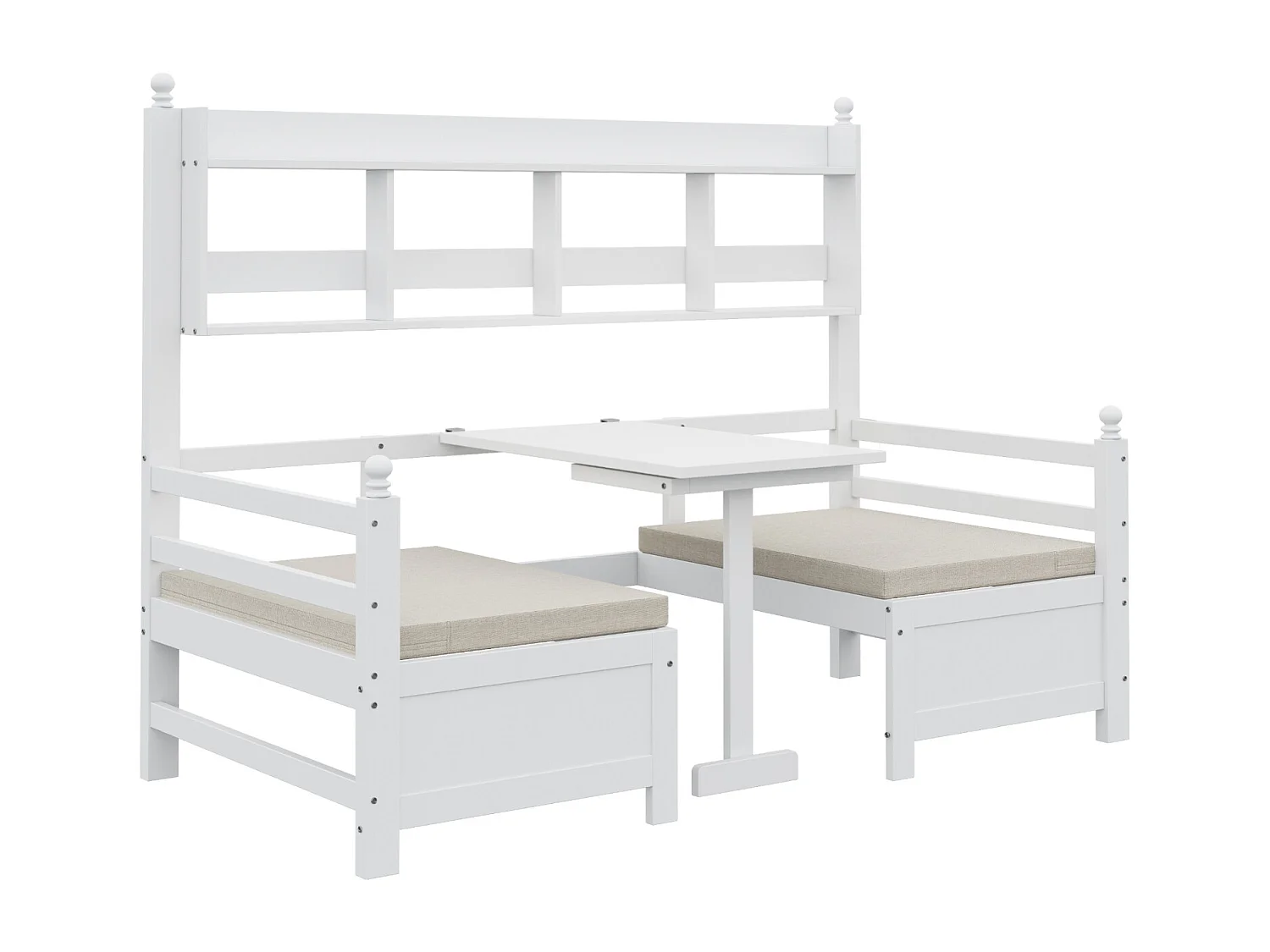 Sofá cama 2 en 1 de madera maciza blanca (200x90 cm) con escritorio modular, estante de almacenaje y cómodos cojines.