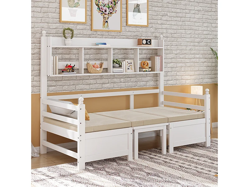 Divano letto 2 in 1 in legno massello bianco (200x90 cm) con scrivania modulare, ripiano portaoggetti e comodi cuscini