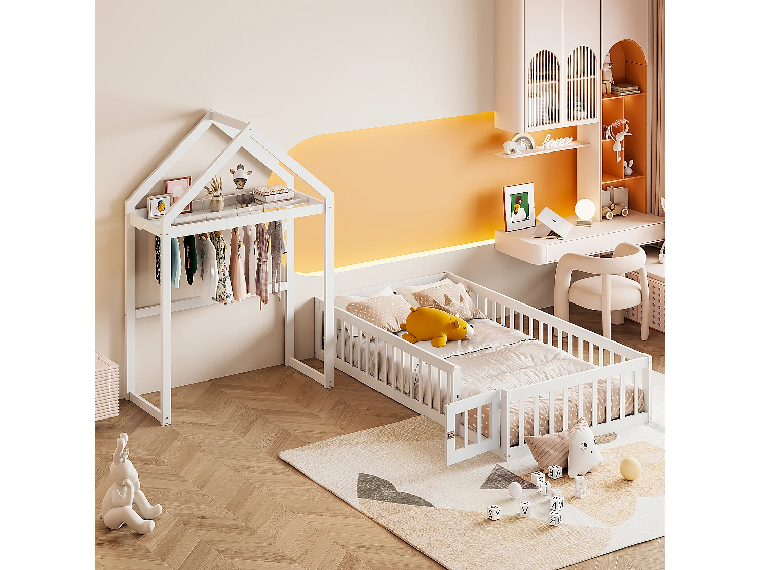 Lit pour enfant 90x200 cm en bois massif avec espace de rangement, barrières complètes, sommier, sûr, pratique et élégant, blanc