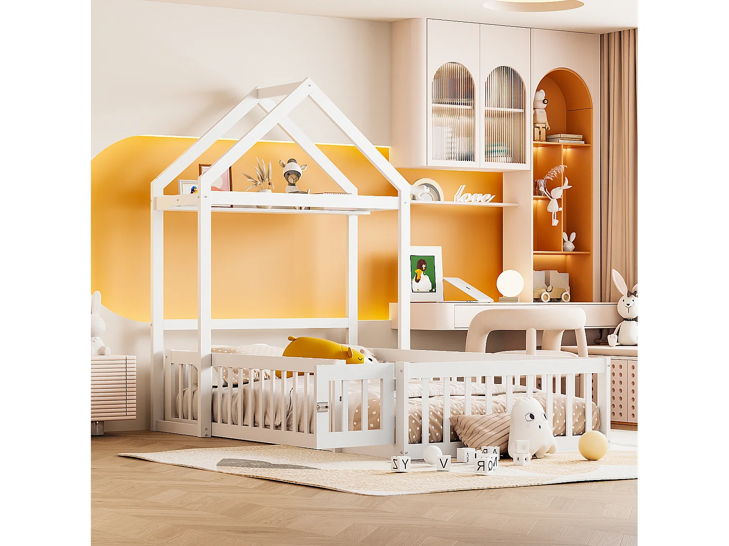 Lit pour enfant 90x200 cm en bois massif avec espace de rangement, barrières complètes, sommier, sûr, pratique et élégant, blanc
