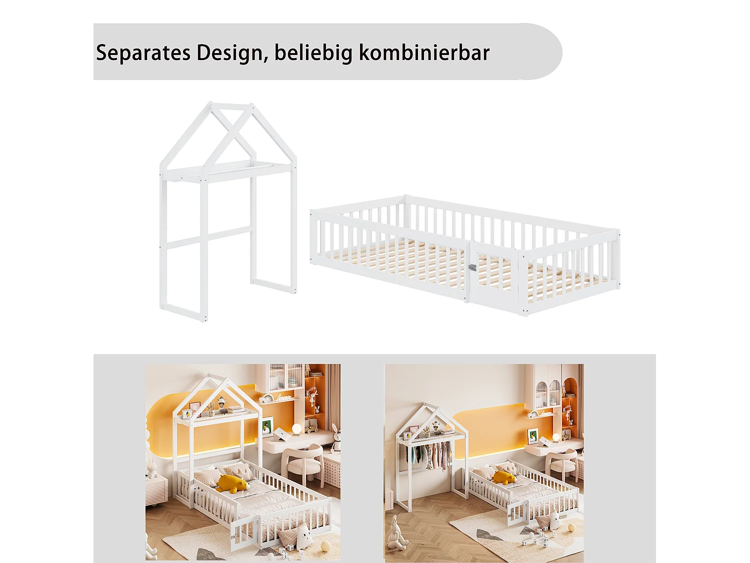 Lit pour enfant 90x200 cm en bois massif avec espace de rangement, barrières complètes, sommier, sûr, pratique et élégant, blanc
