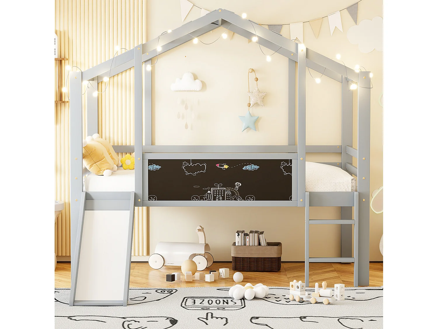 Kinderbed 90x200 cm van massief grijs hout met glijbaan, veiligheidsladder en wandkaart, speels en multifunctioneel design