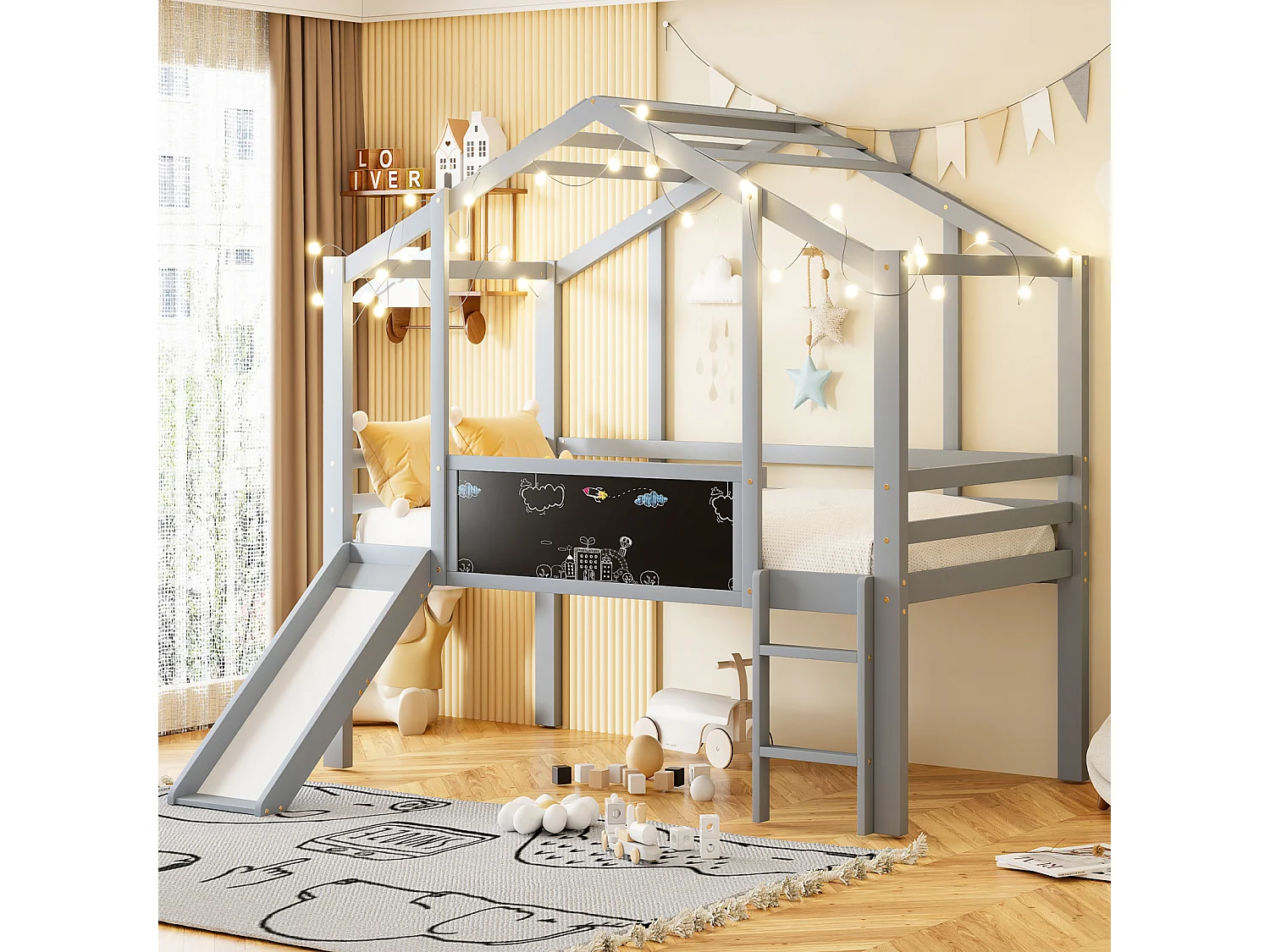 Kinderbed 90x200 cm van massief grijs hout met glijbaan, veiligheidsladder en wandkaart, speels en multifunctioneel design