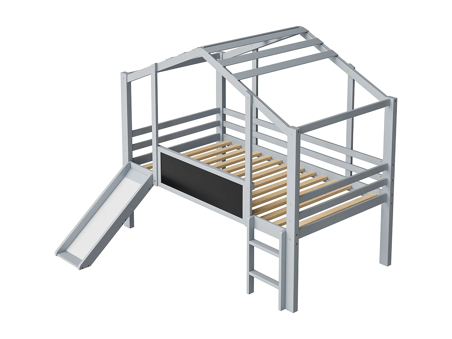 Kinderbed 90x200 cm van massief grijs hout met glijbaan, veiligheidsladder en wandkaart, speels en multifunctioneel design