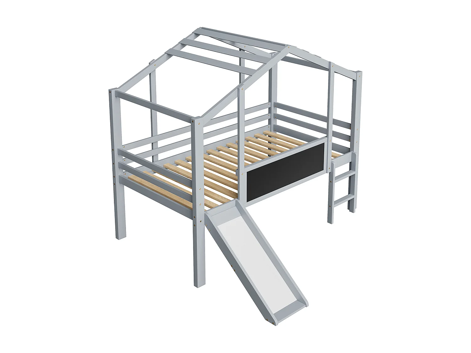 Kinderbed 90x200 cm van massief grijs hout met glijbaan, veiligheidsladder en wandkaart, speels en multifunctioneel design