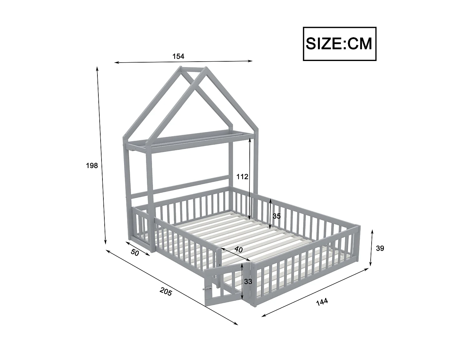 Cama infantil 140x200 cm en madera maciza gris, con almacenamiento, barandillas de seguridad, puertas y somier de láminas – segura, robusta y práctica